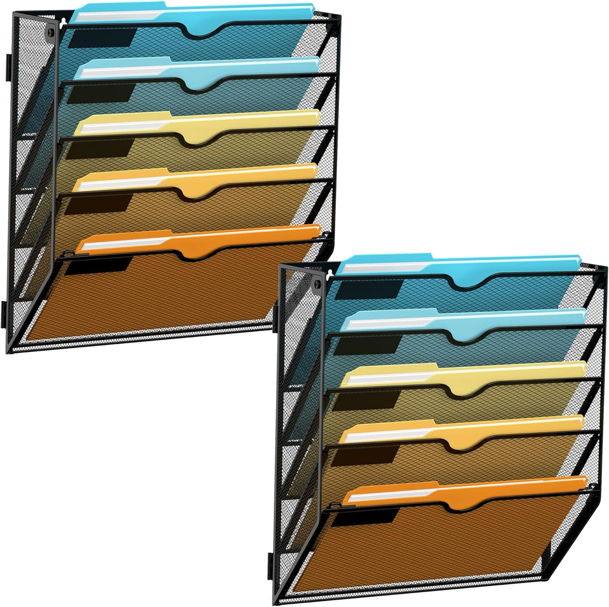 5 Tier Wall File Organizer, Hanging Wall Mounted Mail Organizer with Label Slots, Metal Mesh File Holder Magazine Rack for Office, Home, School or Classroom, Black