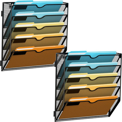 5 Tier Wall File Organizer, Hanging Wall Mounted Mail Organizer with Label Slots, Metal Mesh File Holder Magazine Rack for Office, Home, School or Classroom, Black