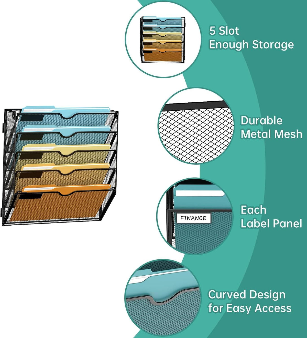 5 Tier Wall File Organizer, Hanging Wall Mounted Mail Organizer with Label Slots, Metal Mesh File Holder Magazine Rack for Office, Home, School or Classroom, Black
