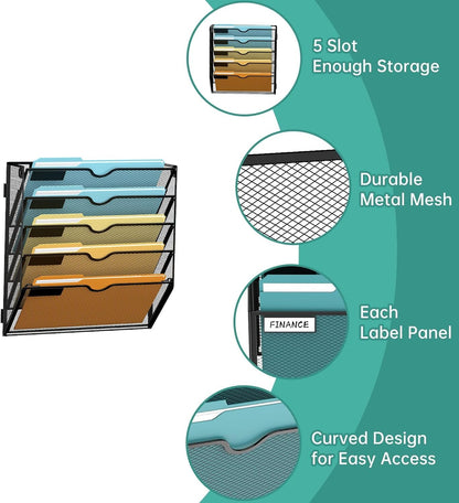 5 Tier Wall File Organizer, Hanging Wall Mounted Mail Organizer with Label Slots, Metal Mesh File Holder Magazine Rack for Office, Home, School or Classroom, Black
