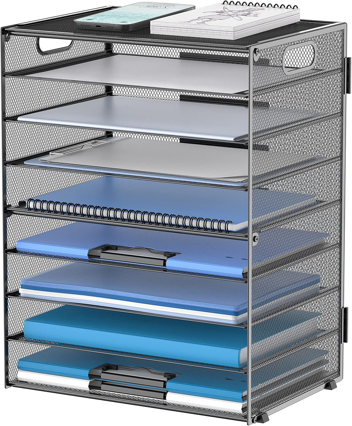 9-Tier Paper Organizer for Desk, Metal Mesh Letter Tray with Handles, Black