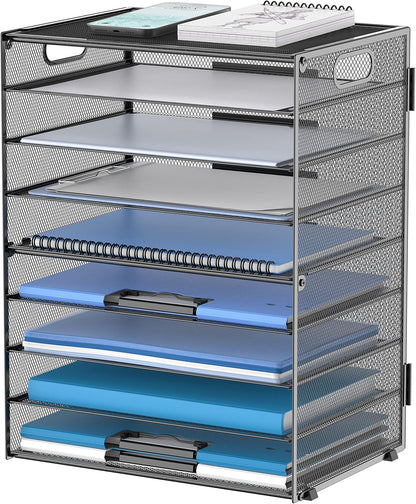 9-Tier Paper Organizer for Desk, Metal Mesh Letter Tray with Handles, Black