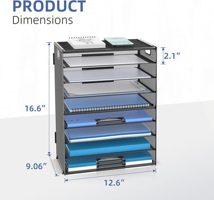 9-Tier Paper Organizer for Desk, Metal Mesh Letter Tray with Handles, Black