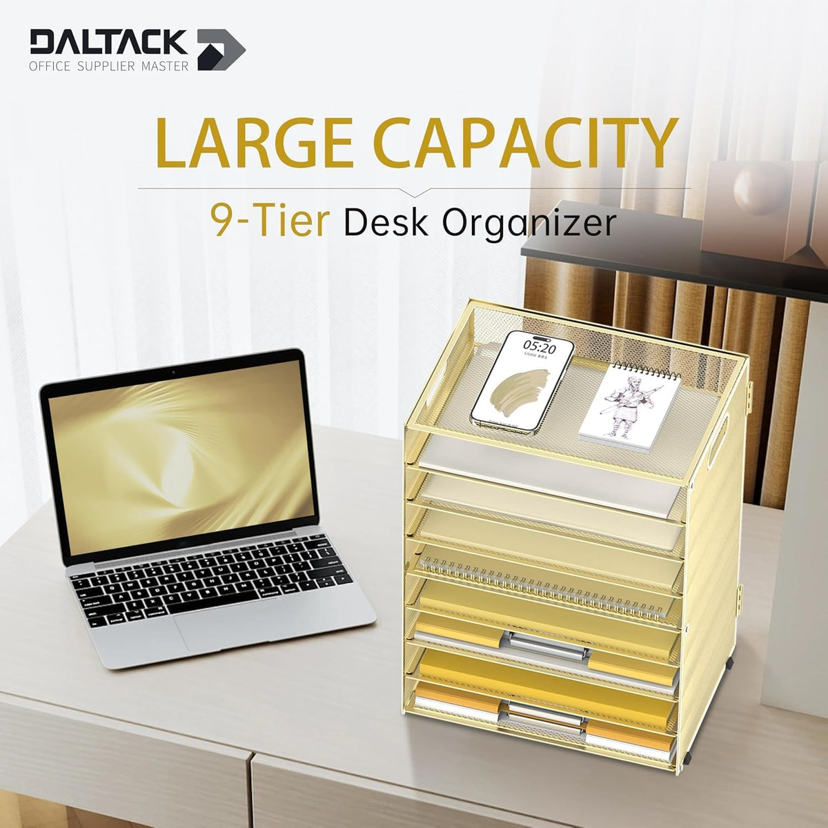 9-Tier Paper Organizer for Desk, Metal Mesh Letter Tray with Handles, Black