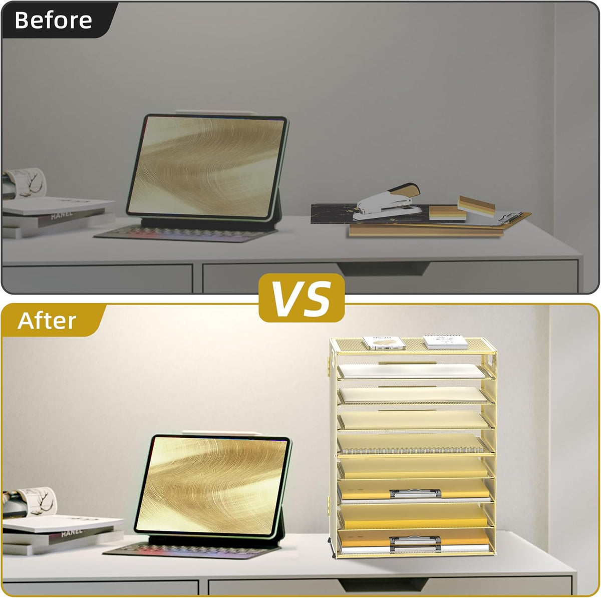 9-Tier Paper Organizer for Desk, Metal Mesh Letter Tray with Handles, Black