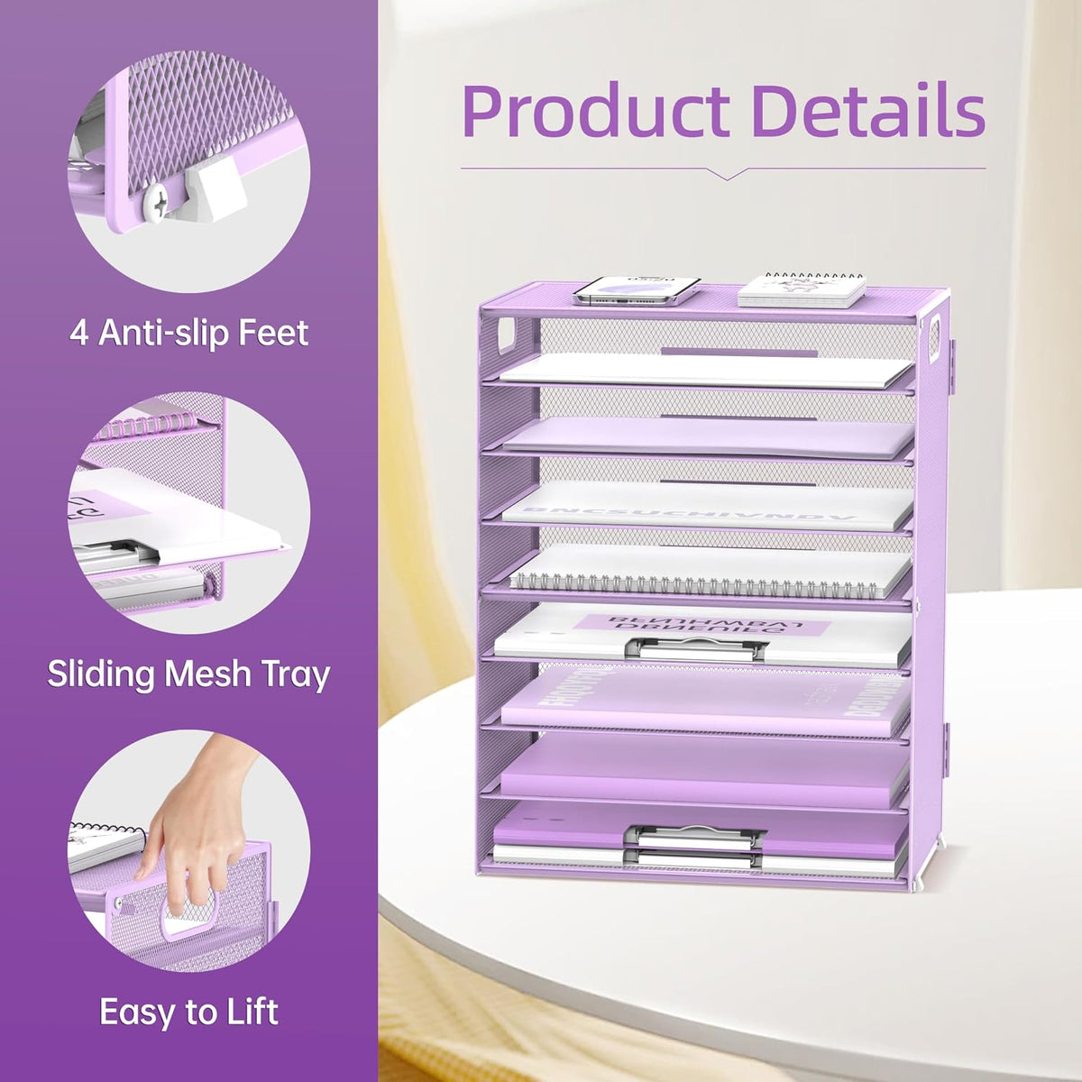 9-Tier Paper Organizer for Desk, Metal Mesh Letter Tray with Handles, Black