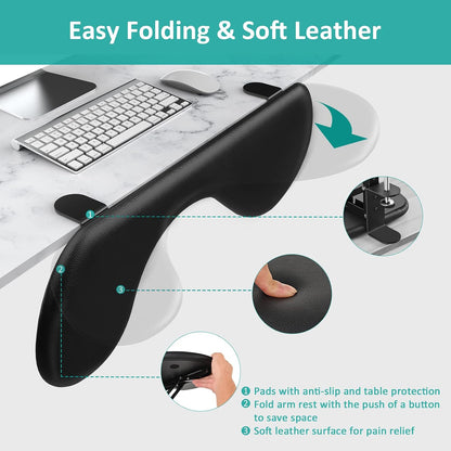 eulps Foldable Desk Extender Arm Rest for Desk, Ergonomic Forearm Support Tray with Soft PU Leather Pad, Clamp-On Desk Armrest for Wrist, Elbow & Shoulder Relief, Home Office Computer Typing Support