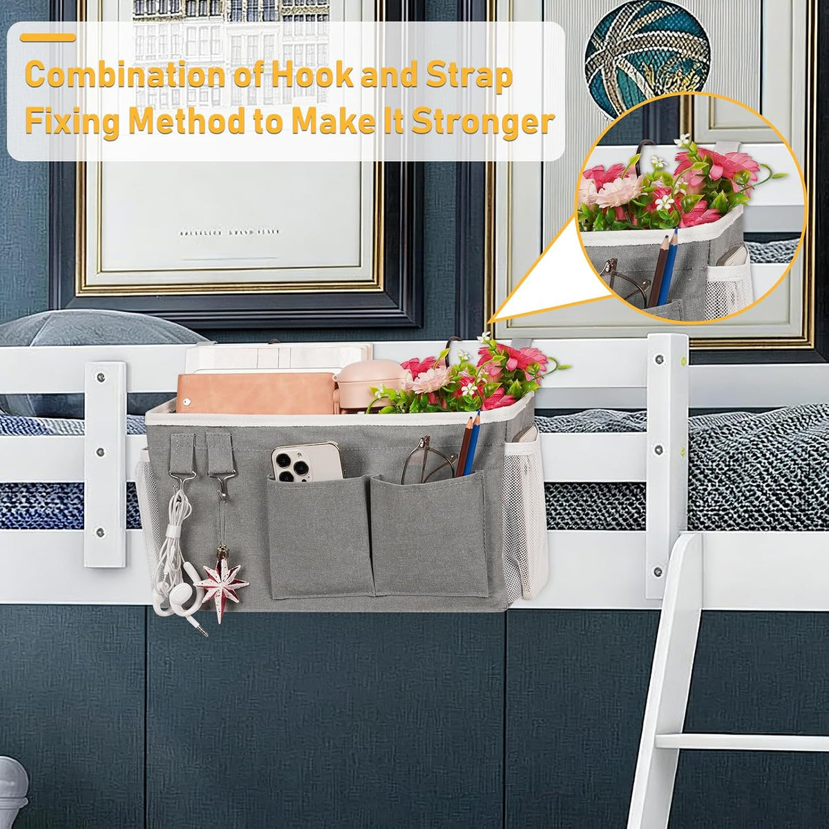 Bedside Caddy, Bedside Storage Bag Hanging Organizer for Bunk Bed