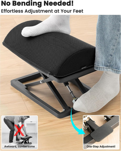 Step-to-Adjust Foot Rest—Truly Infinite Height, No Bending Needed