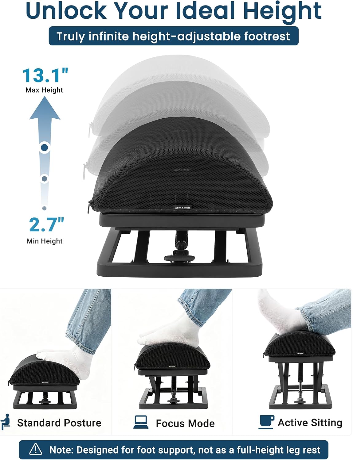 Step-to-Adjust Foot Rest—Truly Infinite Height, No Bending Needed
