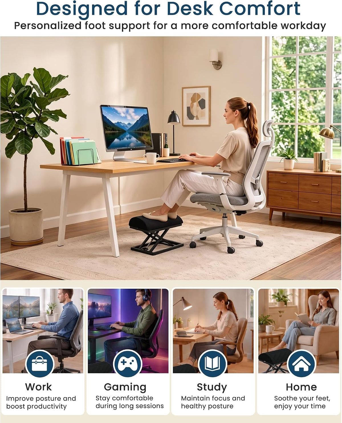 Step-to-Adjust Foot Rest—Truly Infinite Height, No Bending Needed