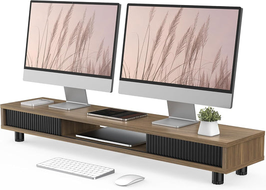 Dual Monitor Stand with Storage, Desk Shelf with Glass Sliding Door