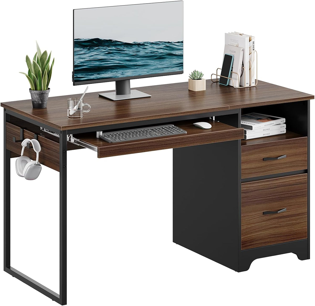 48” Computer Desk with Drawers, Office Desk with Storage, Industrial Wood Writing Desk with File Drawer, Keyboard Tray & 2 Hooks for Home Office & Studio, Cherry