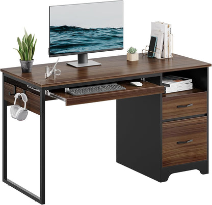 48” Computer Desk with Drawers, Office Desk with Storage, Industrial Wood Writing Desk with File Drawer, Keyboard Tray & 2 Hooks for Home Office & Studio, Cherry