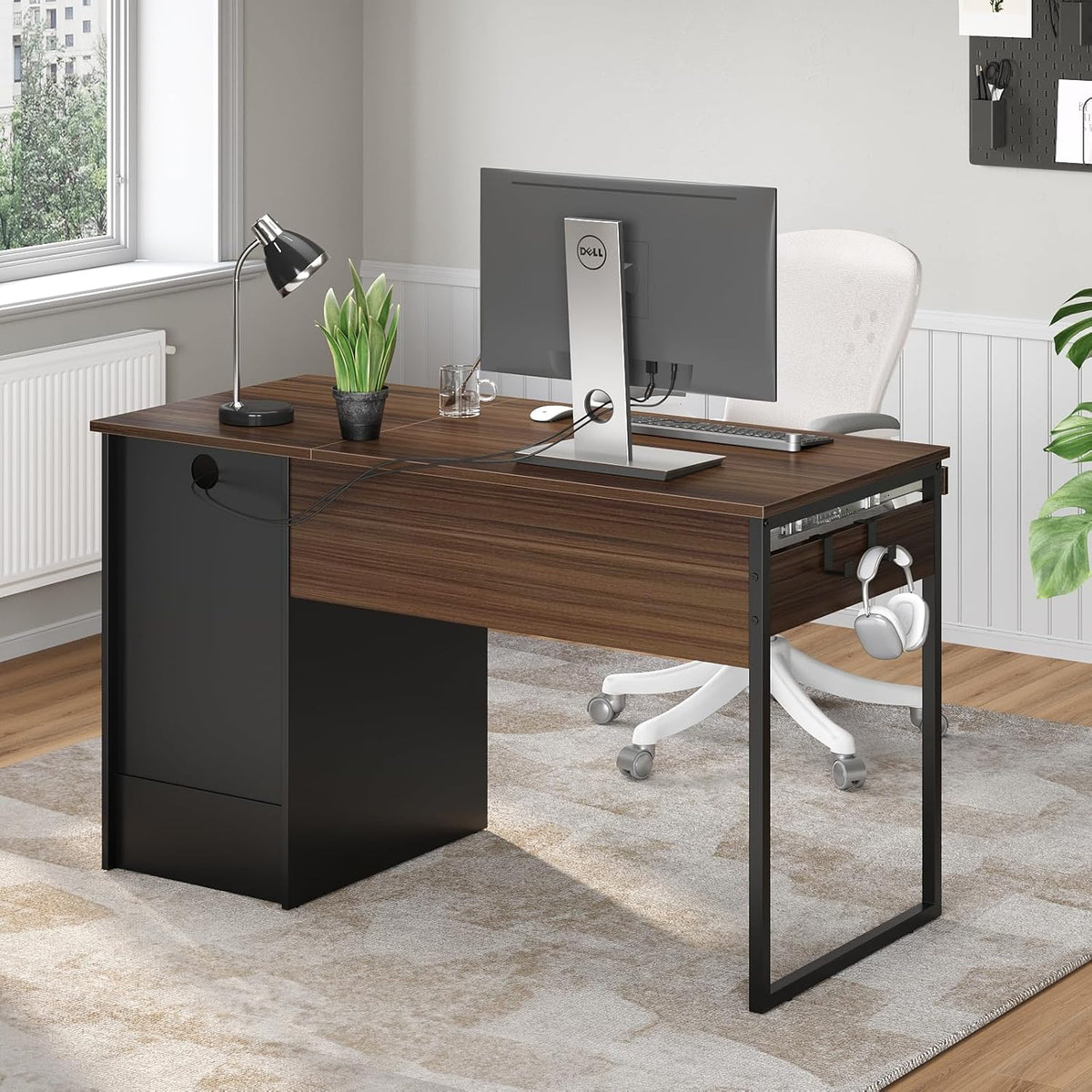 48” Computer Desk with Drawers, Office Desk with Storage, Industrial Wood Writing Desk with File Drawer, Keyboard Tray & 2 Hooks for Home Office & Studio, Cherry