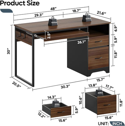 48” Computer Desk with Drawers, Office Desk with Storage, Industrial Wood Writing Desk with File Drawer, Keyboard Tray & 2 Hooks for Home Office & Studio, Cherry