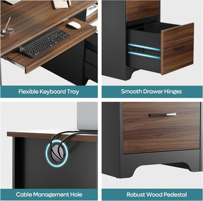 48” Computer Desk with Drawers, Office Desk with Storage, Industrial Wood Writing Desk with File Drawer, Keyboard Tray & 2 Hooks for Home Office & Studio, Cherry