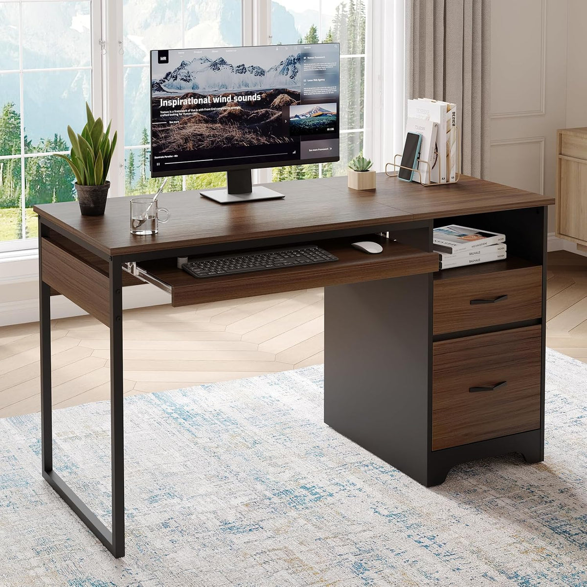 48” Computer Desk with Drawers, Office Desk with Storage, Industrial Wood Writing Desk with File Drawer, Keyboard Tray & 2 Hooks for Home Office & Studio, Cherry