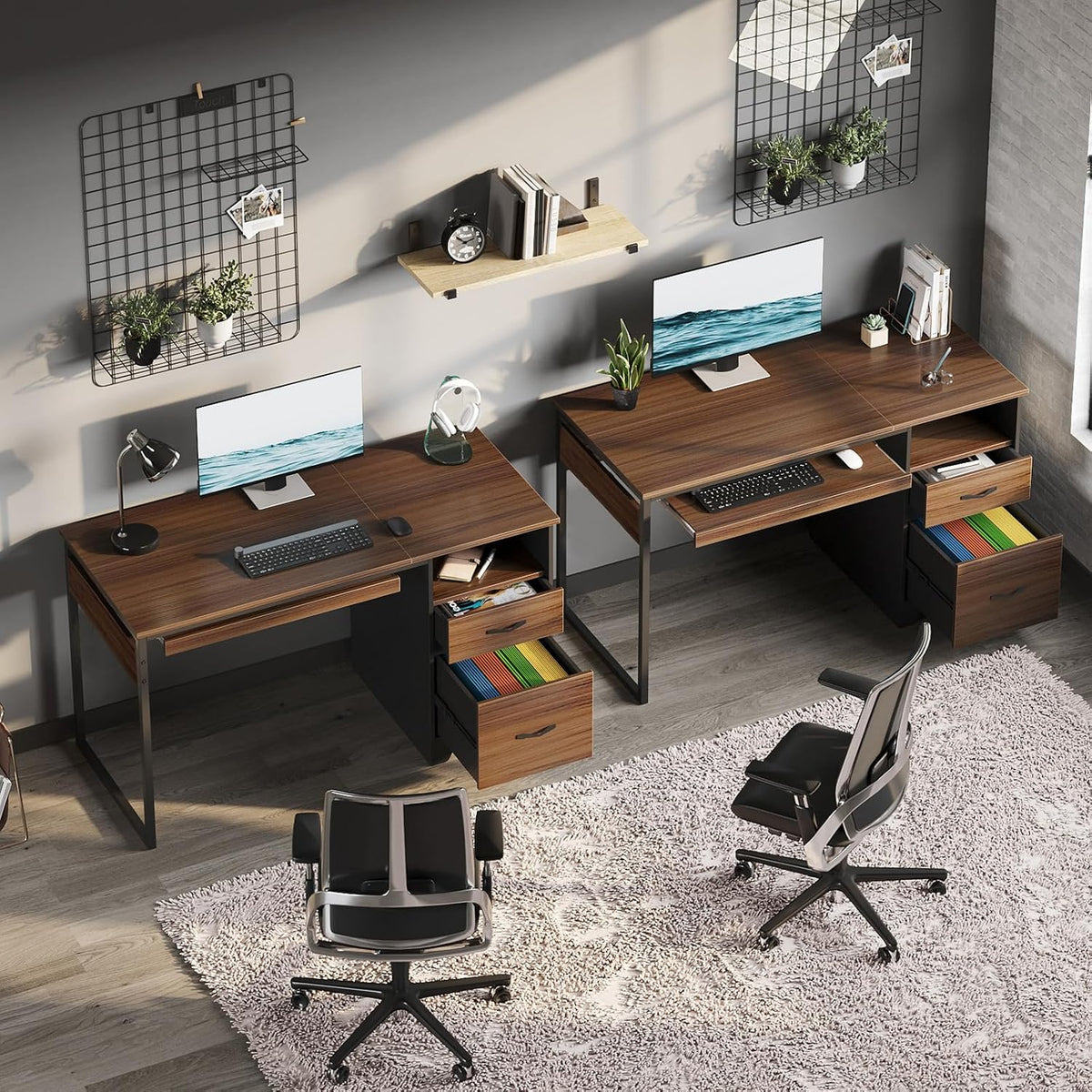 48” Computer Desk with Drawers, Office Desk with Storage, Industrial Wood Writing Desk with File Drawer, Keyboard Tray & 2 Hooks for Home Office & Studio, Cherry