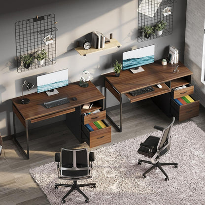 48” Computer Desk with Drawers, Office Desk with Storage, Industrial Wood Writing Desk with File Drawer, Keyboard Tray & 2 Hooks for Home Office & Studio, Cherry