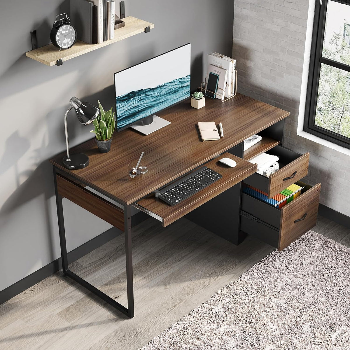 48” Computer Desk with Drawers, Office Desk with Storage, Industrial Wood Writing Desk with File Drawer, Keyboard Tray & 2 Hooks for Home Office & Studio, Cherry