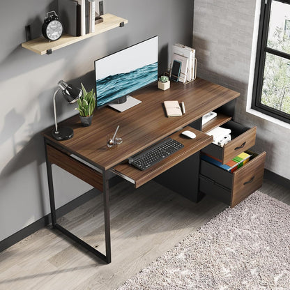 48” Computer Desk with Drawers, Office Desk with Storage, Industrial Wood Writing Desk with File Drawer, Keyboard Tray & 2 Hooks for Home Office & Studio, Cherry