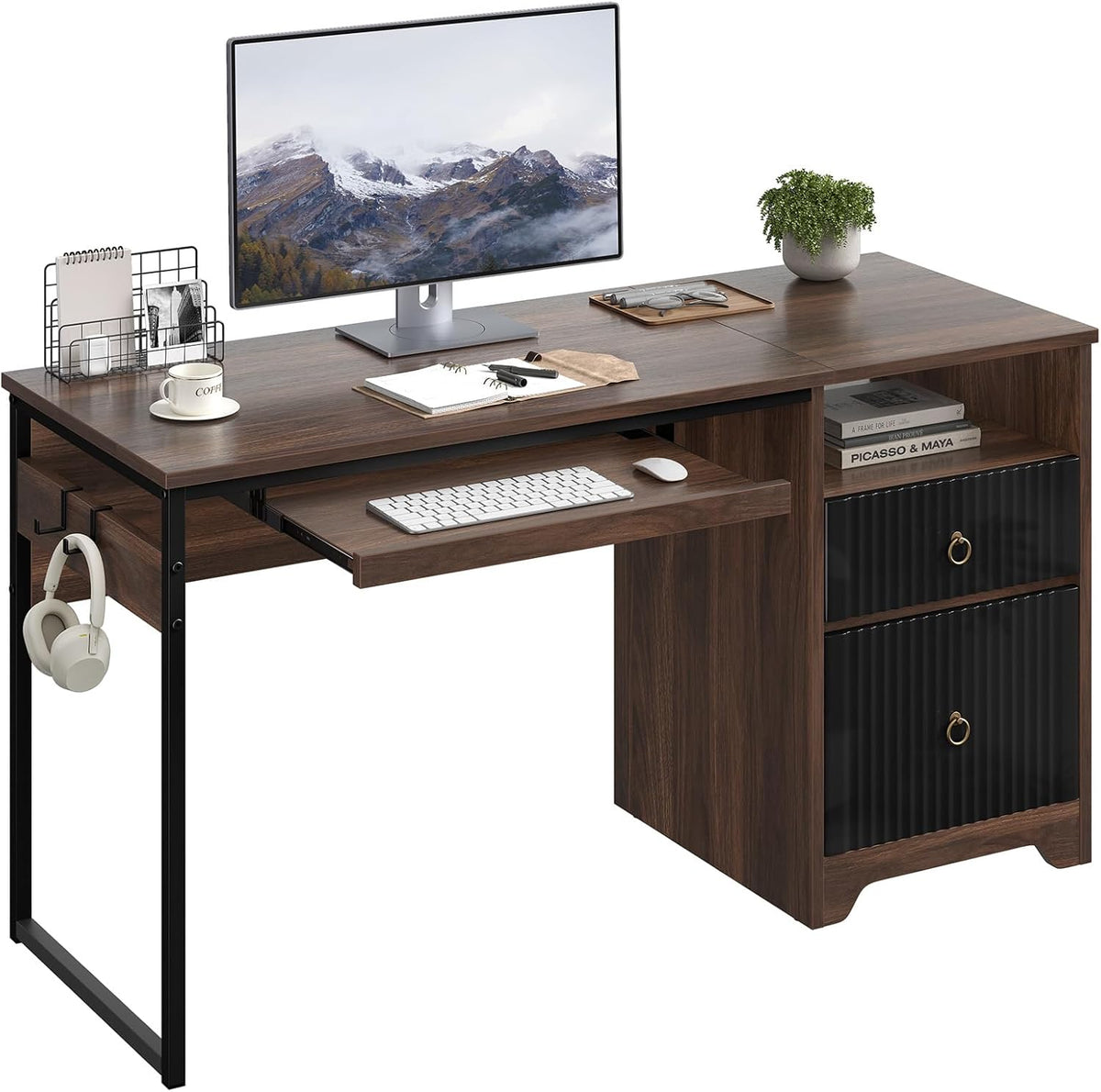 48” Computer Desk with Drawers, Office Desk with Storage, Industrial Wood Writing Desk with File Drawer, Keyboard Tray & 2 Hooks for Home Office & Studio, Cherry