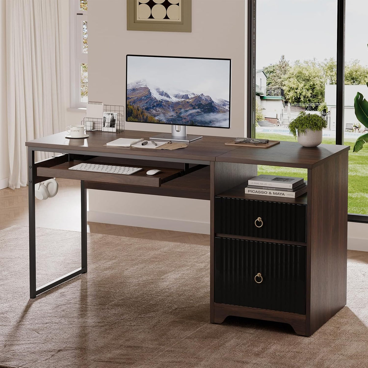 48” Computer Desk with Drawers, Office Desk with Storage, Industrial Wood Writing Desk with File Drawer, Keyboard Tray & 2 Hooks for Home Office & Studio, Cherry