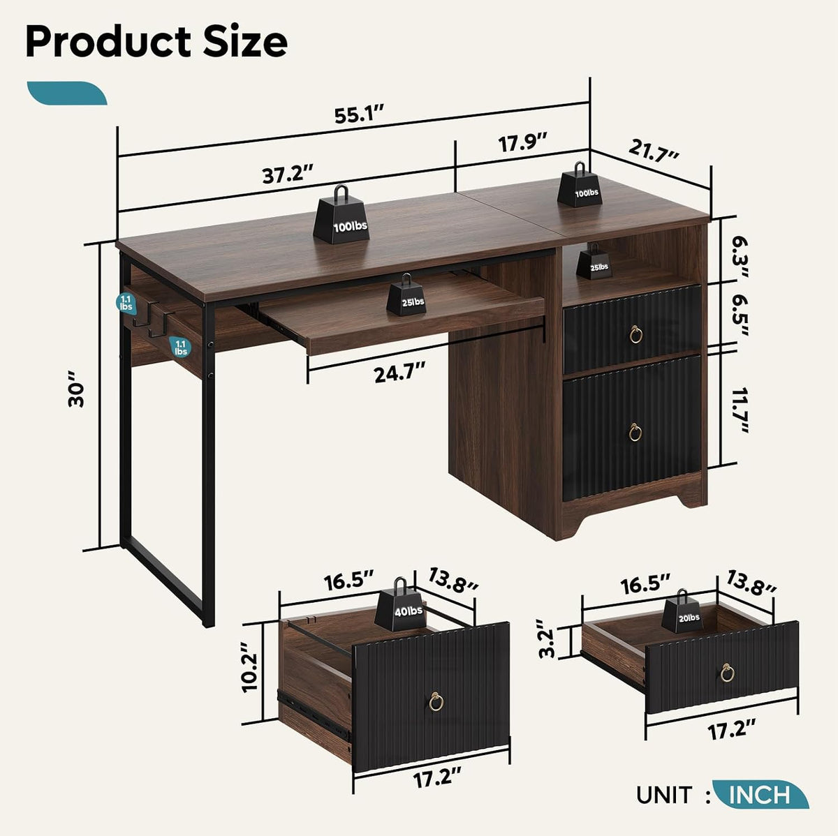 48” Computer Desk with Drawers, Office Desk with Storage, Industrial Wood Writing Desk with File Drawer, Keyboard Tray & 2 Hooks for Home Office & Studio, Cherry