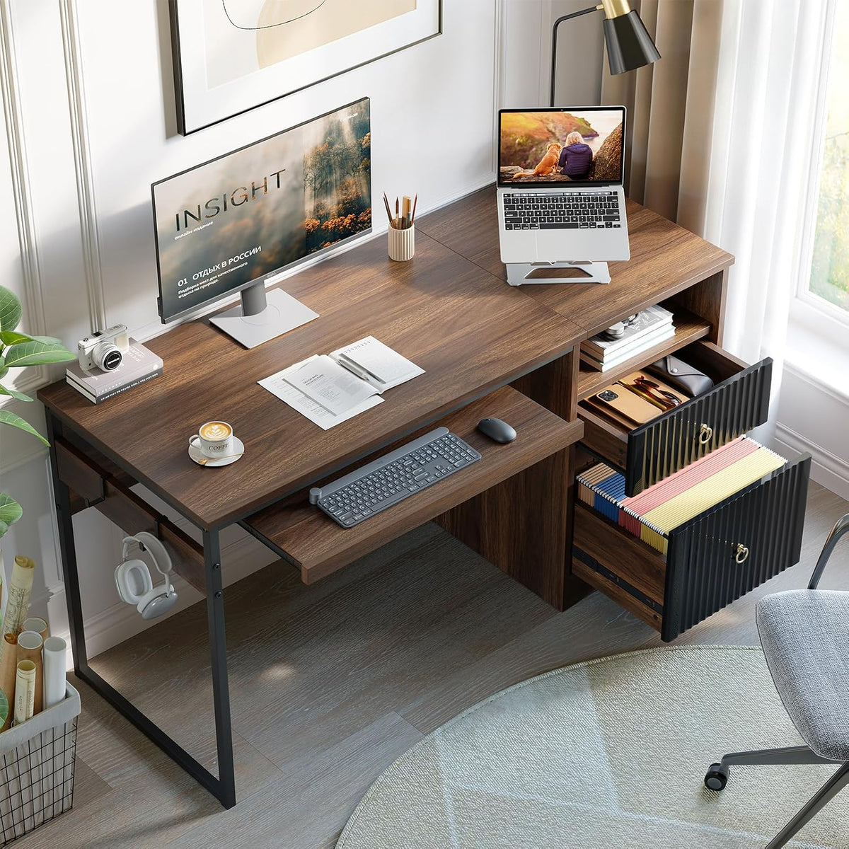 48” Computer Desk with Drawers, Office Desk with Storage, Industrial Wood Writing Desk with File Drawer, Keyboard Tray & 2 Hooks for Home Office & Studio, Cherry