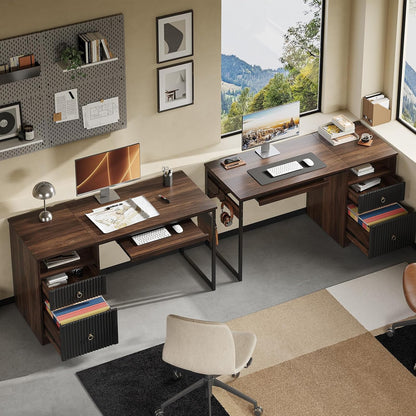 48” Computer Desk with Drawers, Office Desk with Storage, Industrial Wood Writing Desk with File Drawer, Keyboard Tray & 2 Hooks for Home Office & Studio, Cherry