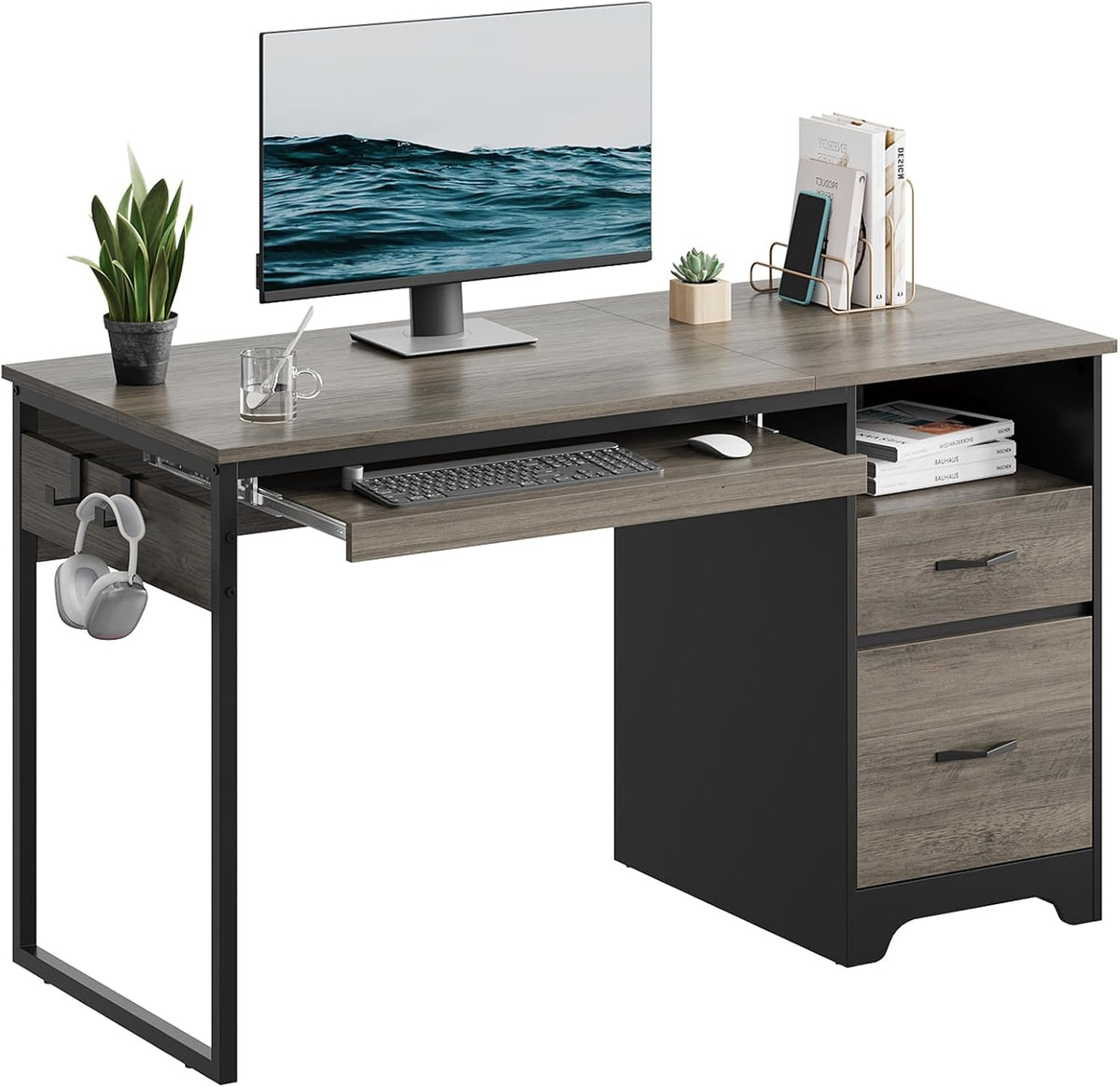 48” Computer Desk with Drawers, Office Desk with Storage, Industrial Wood Writing Desk with File Drawer, Keyboard Tray & 2 Hooks for Home Office & Studio, Cherry