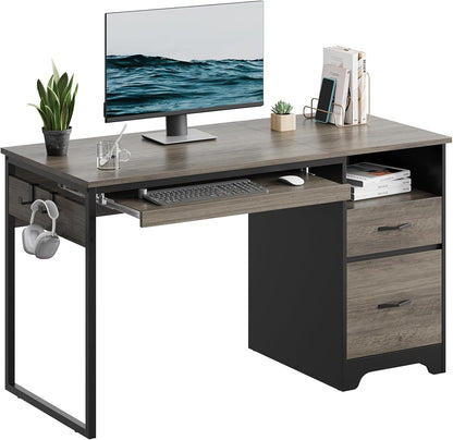 48” Computer Desk with Drawers, Office Desk with Storage, Industrial Wood Writing Desk with File Drawer, Keyboard Tray & 2 Hooks for Home Office & Studio, Cherry