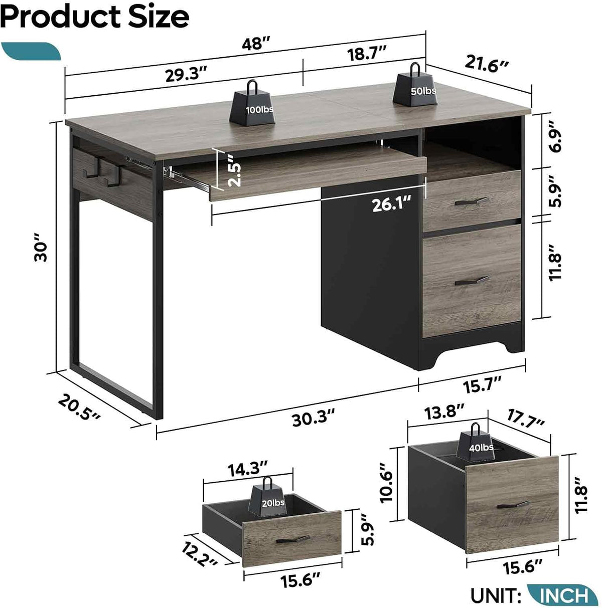48” Computer Desk with Drawers, Office Desk with Storage, Industrial Wood Writing Desk with File Drawer, Keyboard Tray & 2 Hooks for Home Office & Studio, Cherry