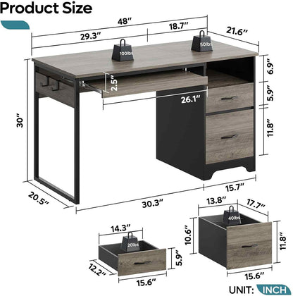 48” Computer Desk with Drawers, Office Desk with Storage, Industrial Wood Writing Desk with File Drawer, Keyboard Tray & 2 Hooks for Home Office & Studio, Cherry