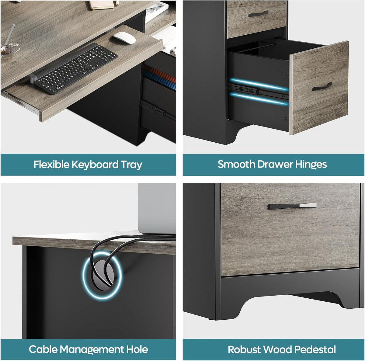 48” Computer Desk with Drawers, Office Desk with Storage, Industrial Wood Writing Desk with File Drawer, Keyboard Tray & 2 Hooks for Home Office & Studio, Cherry