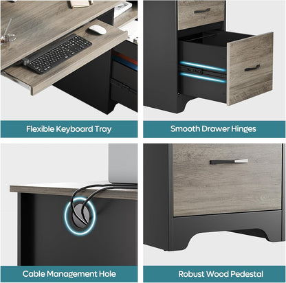 48” Computer Desk with Drawers, Office Desk with Storage, Industrial Wood Writing Desk with File Drawer, Keyboard Tray & 2 Hooks for Home Office & Studio, Cherry