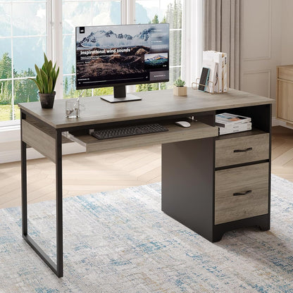 48” Computer Desk with Drawers, Office Desk with Storage, Industrial Wood Writing Desk with File Drawer, Keyboard Tray & 2 Hooks for Home Office & Studio, Cherry