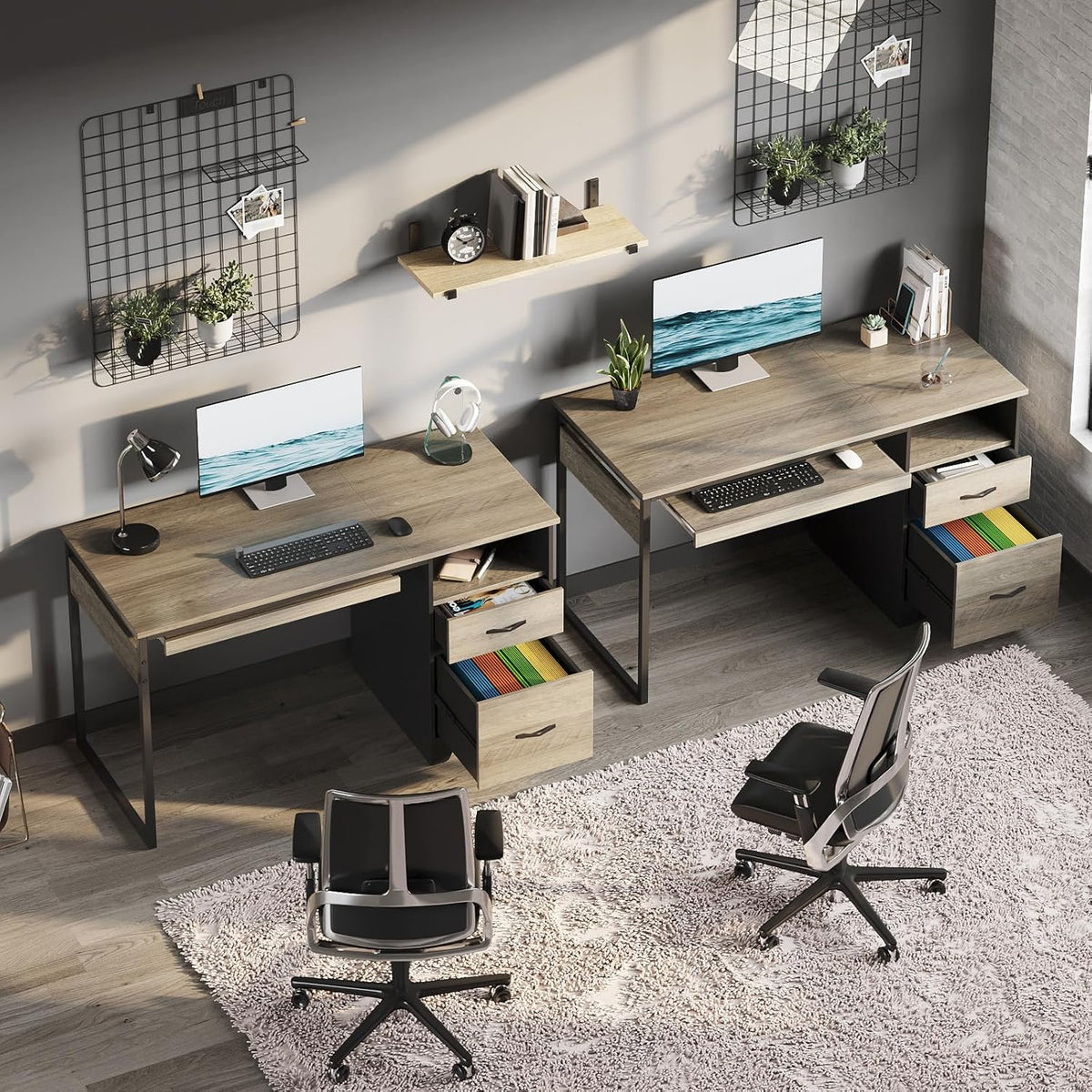 48” Computer Desk with Drawers, Office Desk with Storage, Industrial Wood Writing Desk with File Drawer, Keyboard Tray & 2 Hooks for Home Office & Studio, Cherry