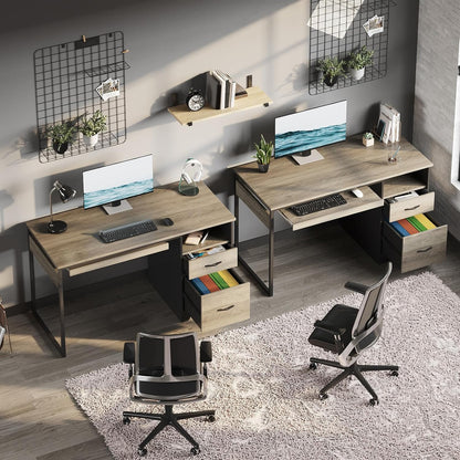 48” Computer Desk with Drawers, Office Desk with Storage, Industrial Wood Writing Desk with File Drawer, Keyboard Tray & 2 Hooks for Home Office & Studio, Cherry