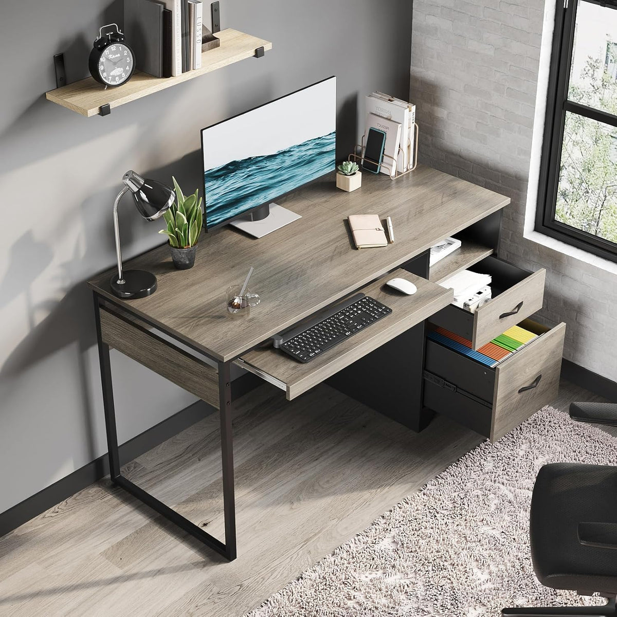 48” Computer Desk with Drawers, Office Desk with Storage, Industrial Wood Writing Desk with File Drawer, Keyboard Tray & 2 Hooks for Home Office & Studio, Cherry