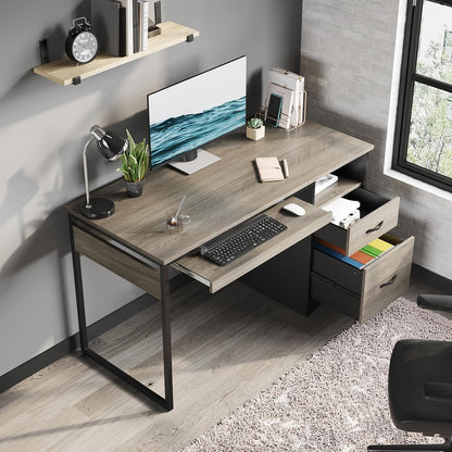 48” Computer Desk with Drawers, Office Desk with Storage, Industrial Wood Writing Desk with File Drawer, Keyboard Tray & 2 Hooks for Home Office & Studio, Cherry