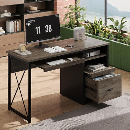48” Computer Desk with Drawers, Office Desk with Storage, Industrial Wood Writing Desk with File Drawer, Keyboard Tray & 2 Hooks for Home Office & Studio, Cherry