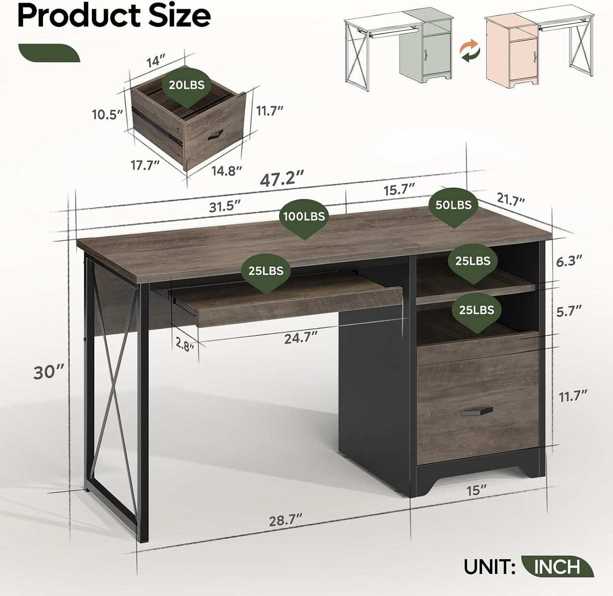 48” Computer Desk with Drawers, Office Desk with Storage, Industrial Wood Writing Desk with File Drawer, Keyboard Tray & 2 Hooks for Home Office & Studio, Cherry