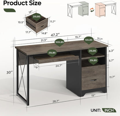 48” Computer Desk with Drawers, Office Desk with Storage, Industrial Wood Writing Desk with File Drawer, Keyboard Tray & 2 Hooks for Home Office & Studio, Cherry
