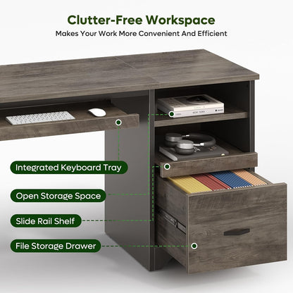 48” Computer Desk with Drawers, Office Desk with Storage, Industrial Wood Writing Desk with File Drawer, Keyboard Tray & 2 Hooks for Home Office & Studio, Cherry