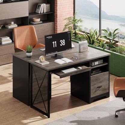 48” Computer Desk with Drawers, Office Desk with Storage, Industrial Wood Writing Desk with File Drawer, Keyboard Tray & 2 Hooks for Home Office & Studio, Cherry