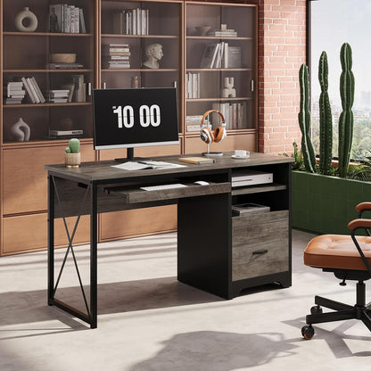 48” Computer Desk with Drawers, Office Desk with Storage, Industrial Wood Writing Desk with File Drawer, Keyboard Tray & 2 Hooks for Home Office & Studio, Cherry