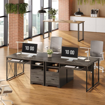 48” Computer Desk with Drawers, Office Desk with Storage, Industrial Wood Writing Desk with File Drawer, Keyboard Tray & 2 Hooks for Home Office & Studio, Cherry