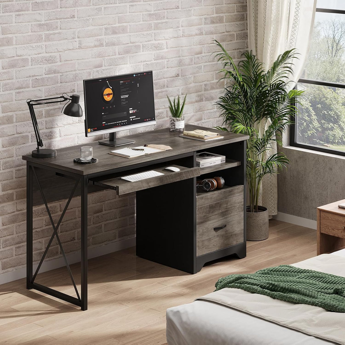 48” Computer Desk with Drawers, Office Desk with Storage, Industrial Wood Writing Desk with File Drawer, Keyboard Tray & 2 Hooks for Home Office & Studio, Cherry
